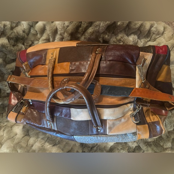 Handmade patchwork, genuine, leather duffel bag, one of a kind from Mexico - Picture 2 of 13